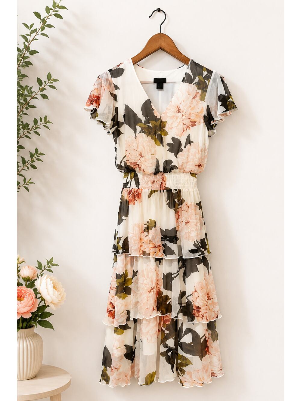 Cottagecore Floral Midi Dress Size 8 Stretch Mesh Tiered Skirt Coquette Dainty